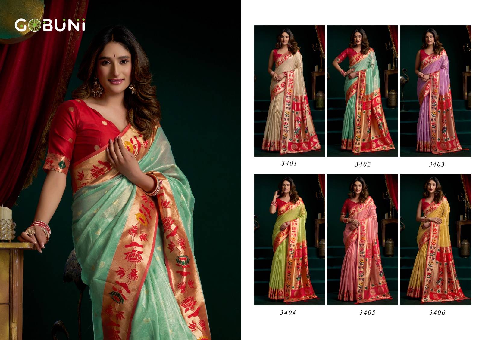 SEERAT BY GOBUNI 3401 TO 3406 Series Indian Traditional Wear Collection Beautiful Stylish Fancy Colorful Occasional Wear Tissue Sarees At Wholesale Price